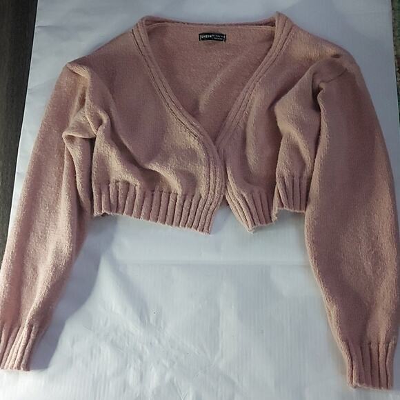 SHEIN Pink Open Front Cropped Cardigan L Casual Classic Preppy Winter Barbiecore - Picture 3 of 9